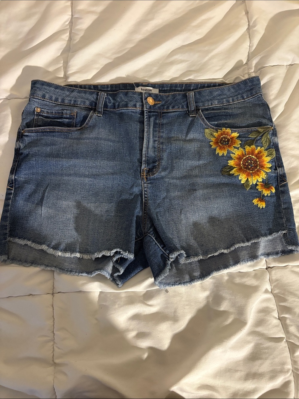 Kensie Blue Denim Shorts with Sunflower Embroidery